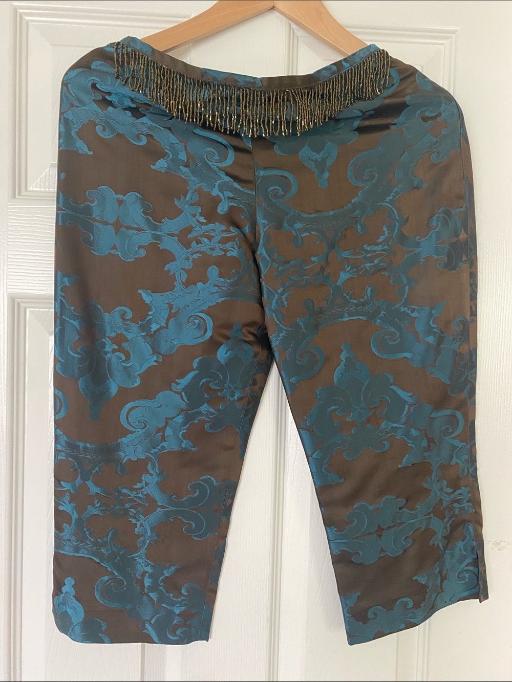 Teal Patterned Cropped Satin Capris with Beaded Waist